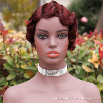Vigorous Short Curly Cute Nuna Wigs Pixie Wigs for Women Finger Wave Human Hair Wig Wine Red